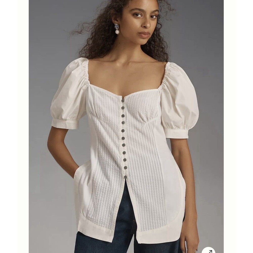 Maeve Anthropologie Puff-Sleeve‎ Sweetheart Top White Buttons Textured Small